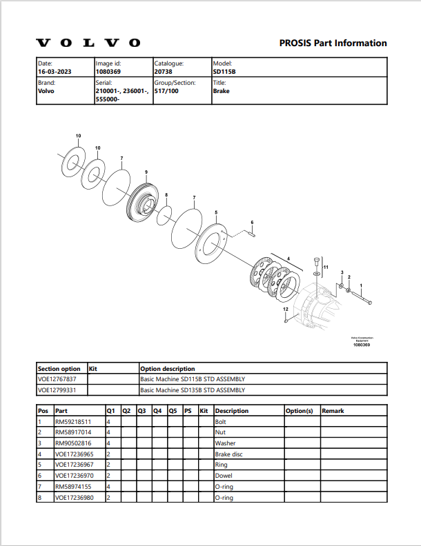 Volvo SD115B Soil Compactor Parts Catalogue Manual Sn 210001-236001-555000 - PDF File