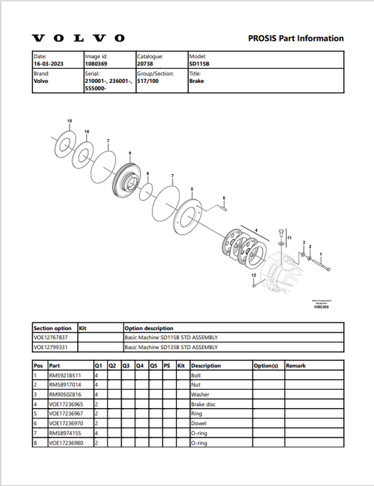 Volvo SD115B Soil Compactor Parts Catalogue Manual Sn 210001-236001-555000 - PDF File
