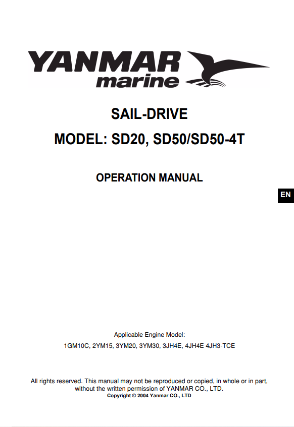 YANMAR MARINE SAIL-DRIVE SD20, SD50-4T OPERATION MANUAL PDF