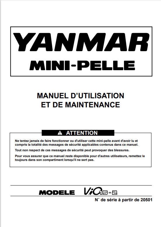 YANMAR MINI EXCAVATOR VIO15-2 (FR) OPERATION AND MAINTENANCE MANUAL PDF