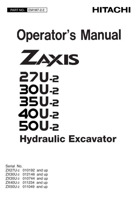 ZAXIS 27U-2 30U-2 35U-2 40U-2 50U-2 Excavator Manual EM1M722
